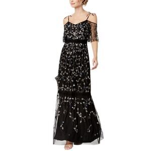 Adrianna Papell Formal Dress Cold Shoulder Beaded Floral Applique Gown 2P